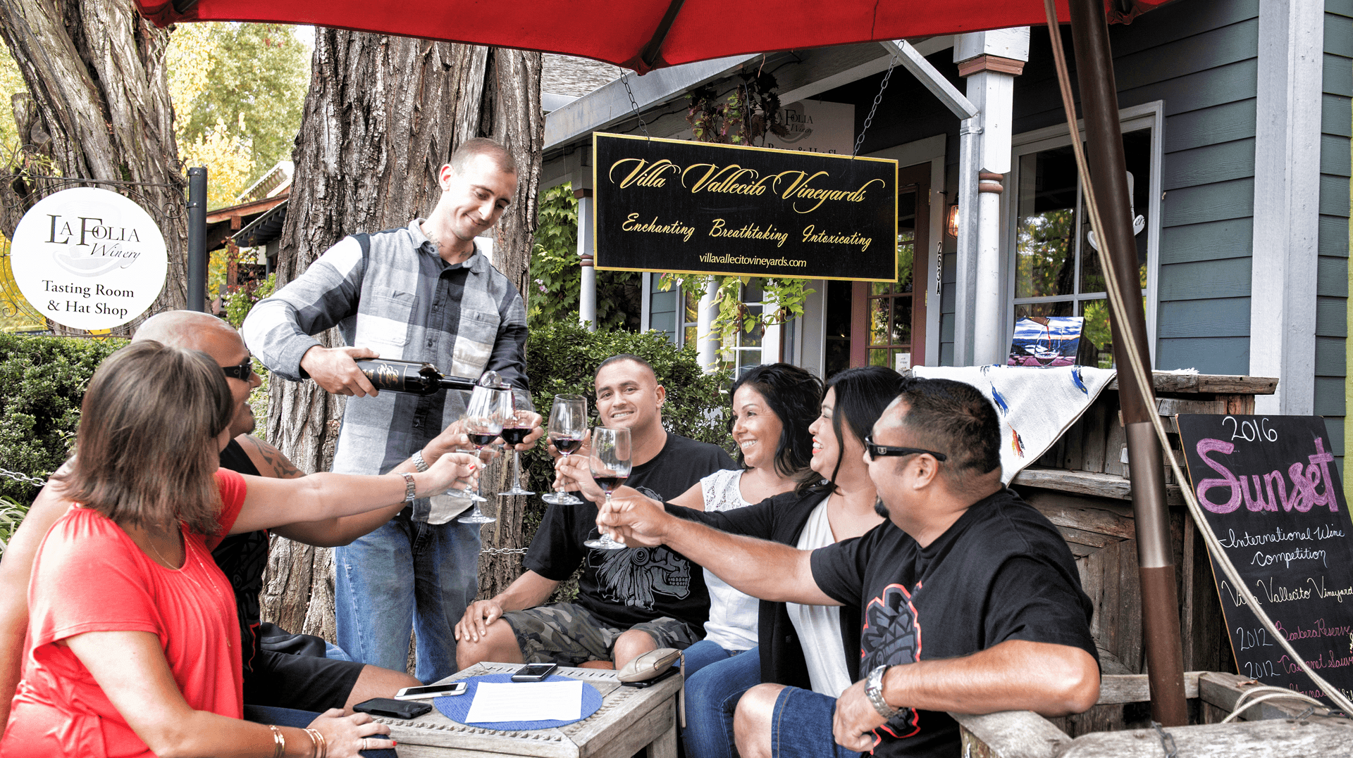 A group of six people toasting with glasses of wine outside a vineyard.
